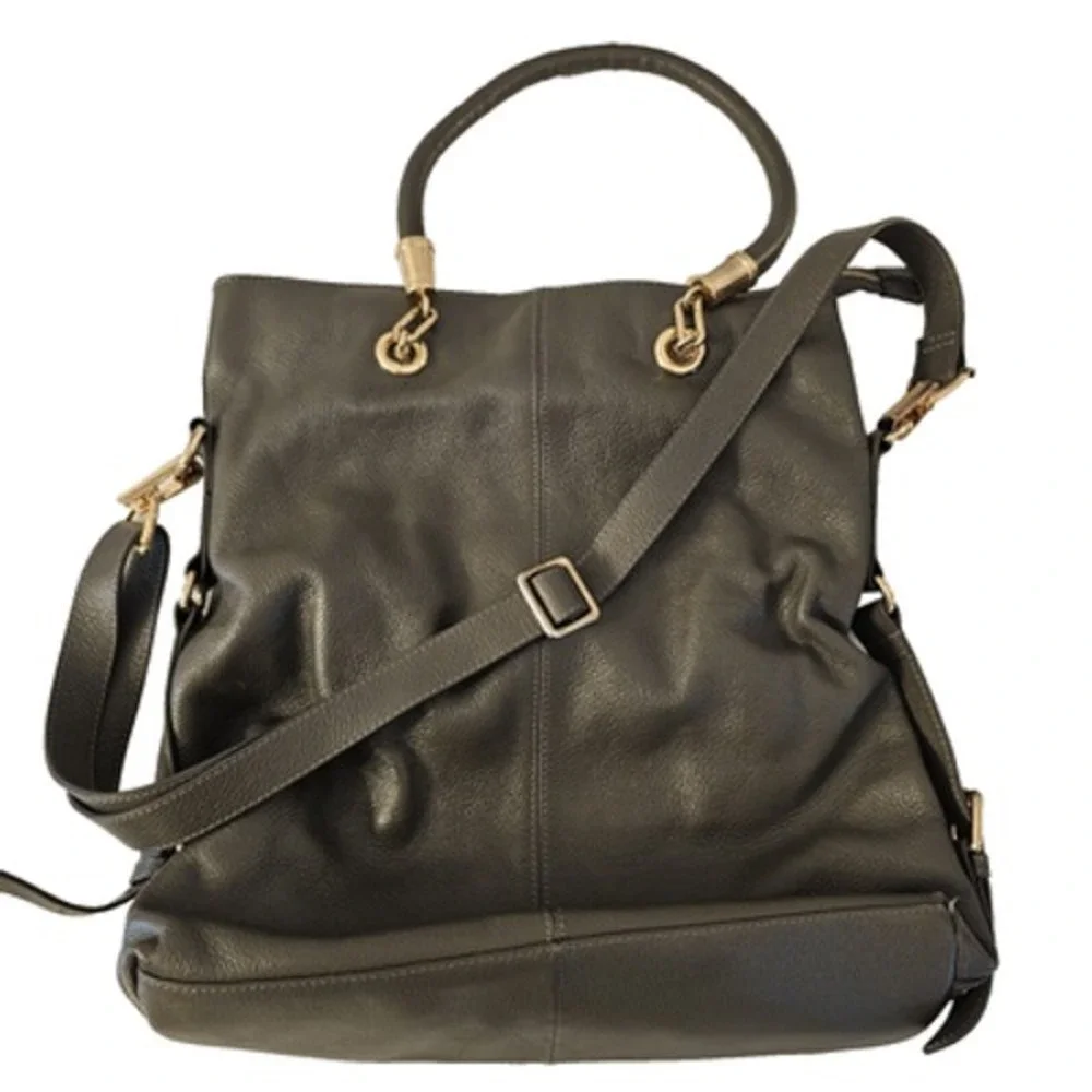 Charcoal Grey Pebbled Leather Tote Bag Gold Hardware Crossbody Large Handbag